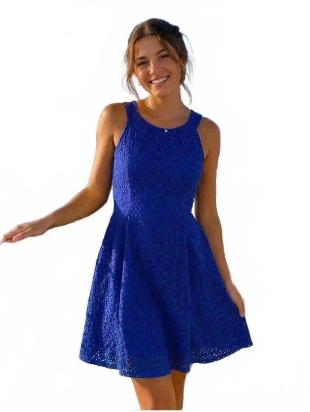 Womens Royal Blue Eyelet Lace Fit & Flare Dress sleeveless halter neckline 16
